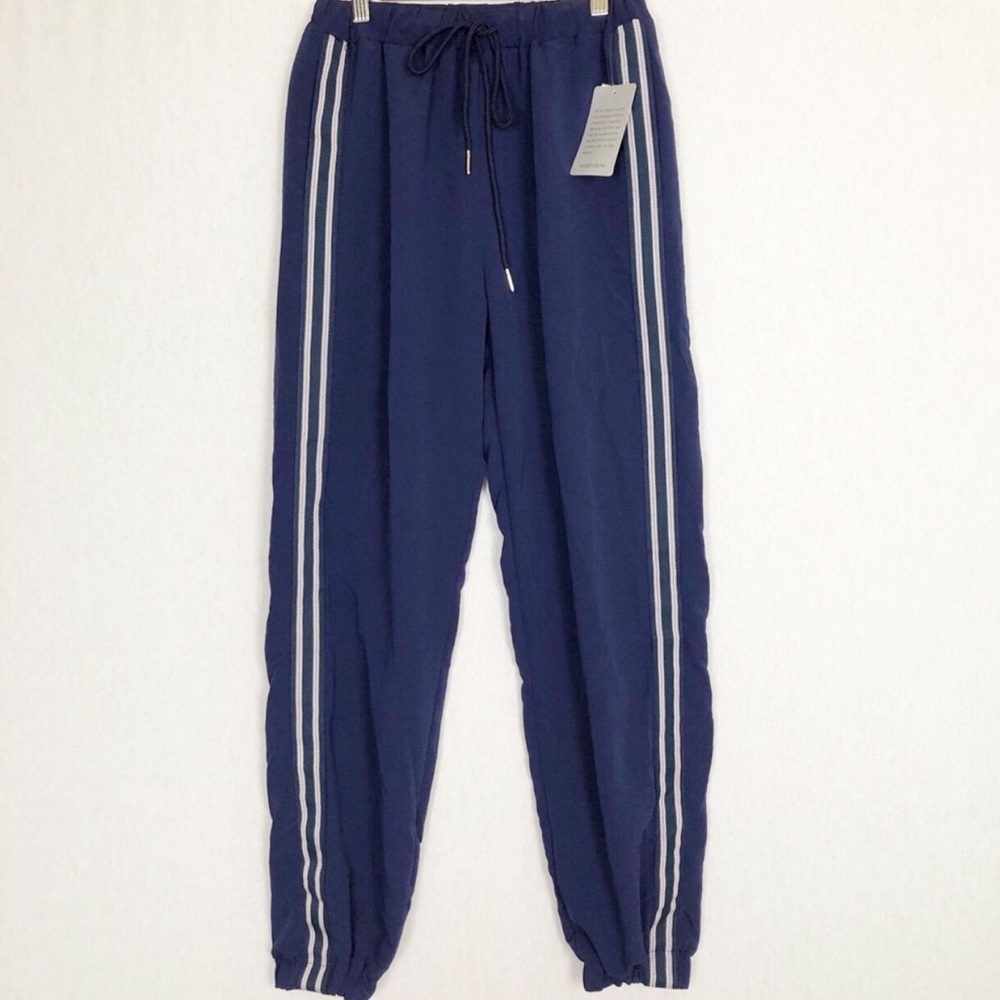 New MISSGUIDED Sz 4 Navy Blue Jogger Pants Stripes